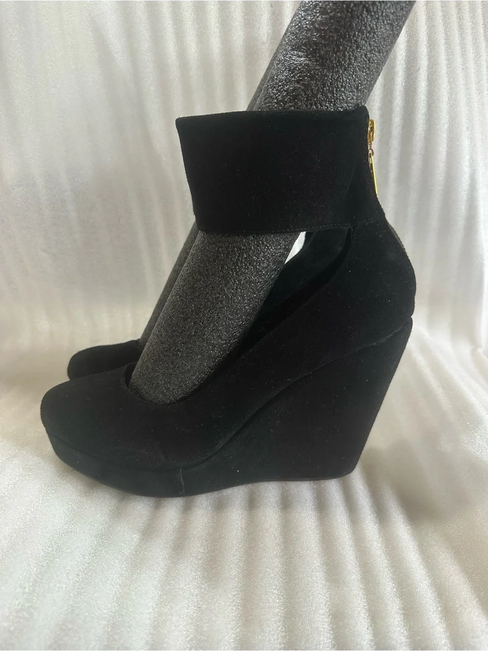 envy Black Suede Wedge Pumps with Fold-Over Ankle Cuff